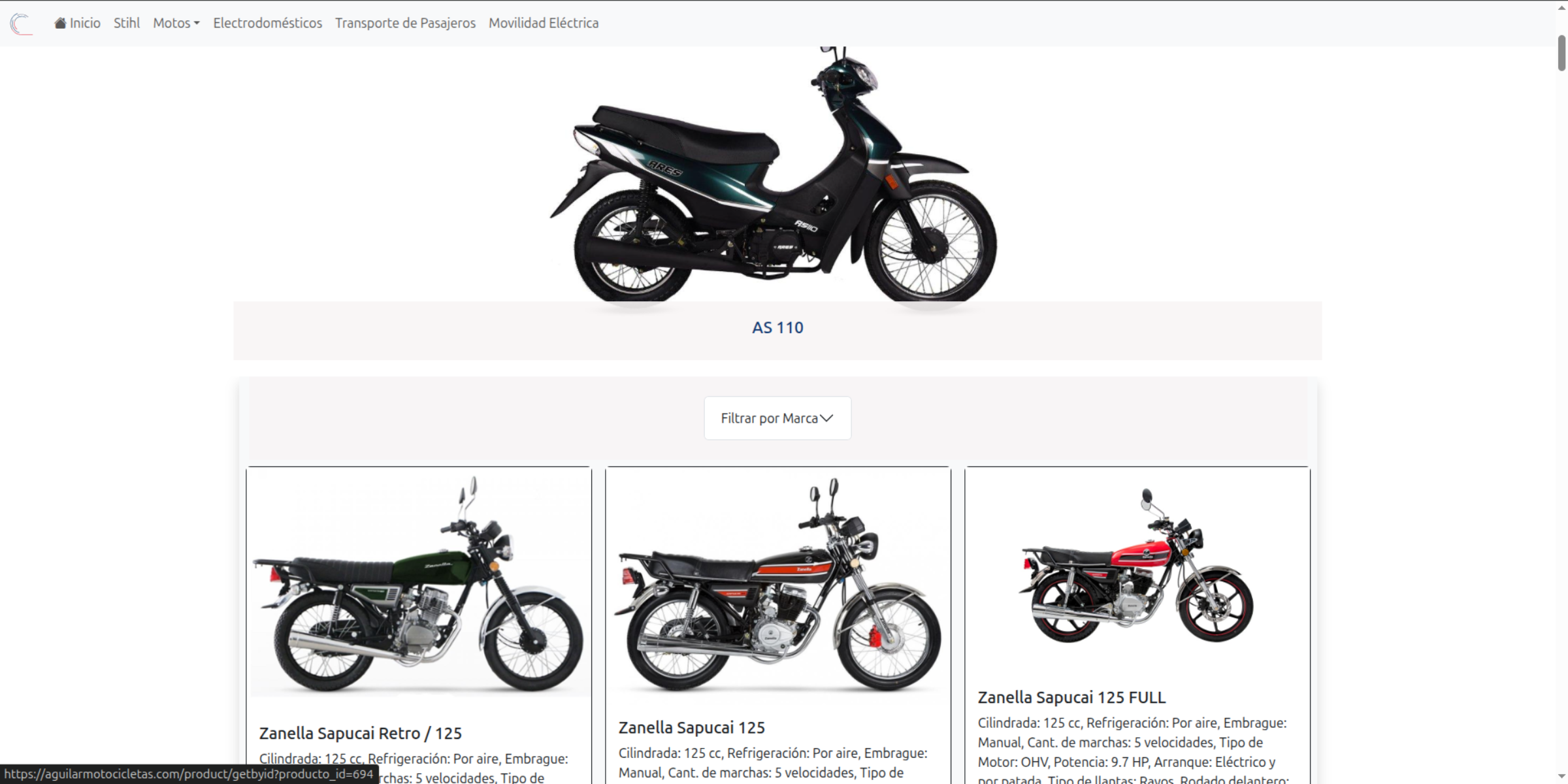 Captura de pantalla del sitio web de Aguilar Motocicletas